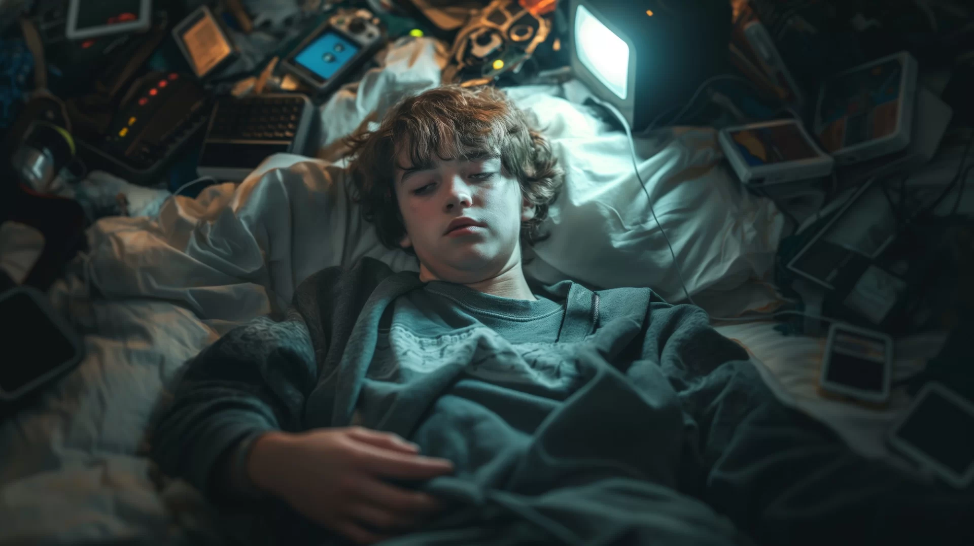 沉迷於遊戲與電子產品的年輕人躺在床上，周圍堆滿螢幕與裝置，象徵時間被娛樂消耗的生活狀態
