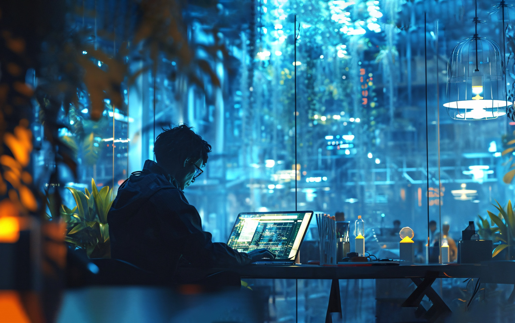 夜間室內場景中，一名工程師獨自坐在桌前操作筆電，螢幕顯示程式碼與系統介面，窗外映照出藍色科技感城市光影。