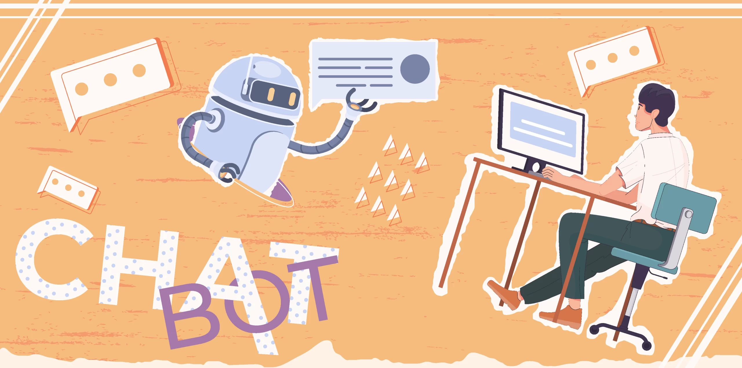 使用者坐在桌前透過電腦與 AI 聊天機器人互動，畫面呈現人類與聊天機器人之間的對話與資訊交流示意