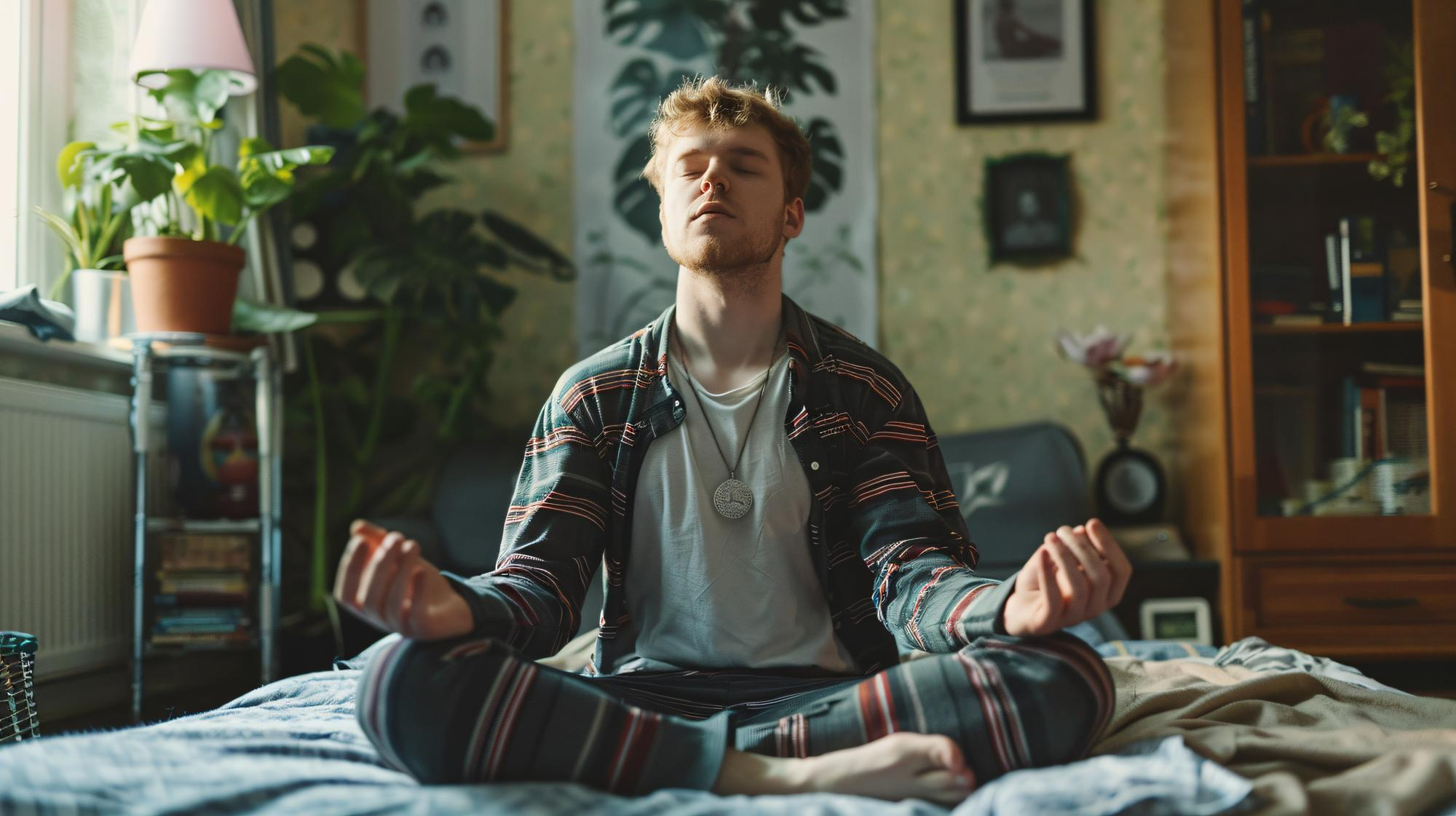 一名年輕男子在室內盤腿靜坐、閉眼冥想，雙手自然放鬆，呈現專注與內在平靜的狀態。