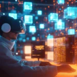 男子佩戴虛擬實境裝置操作電腦螢幕，周圍呈現數位資料與程式碼畫面