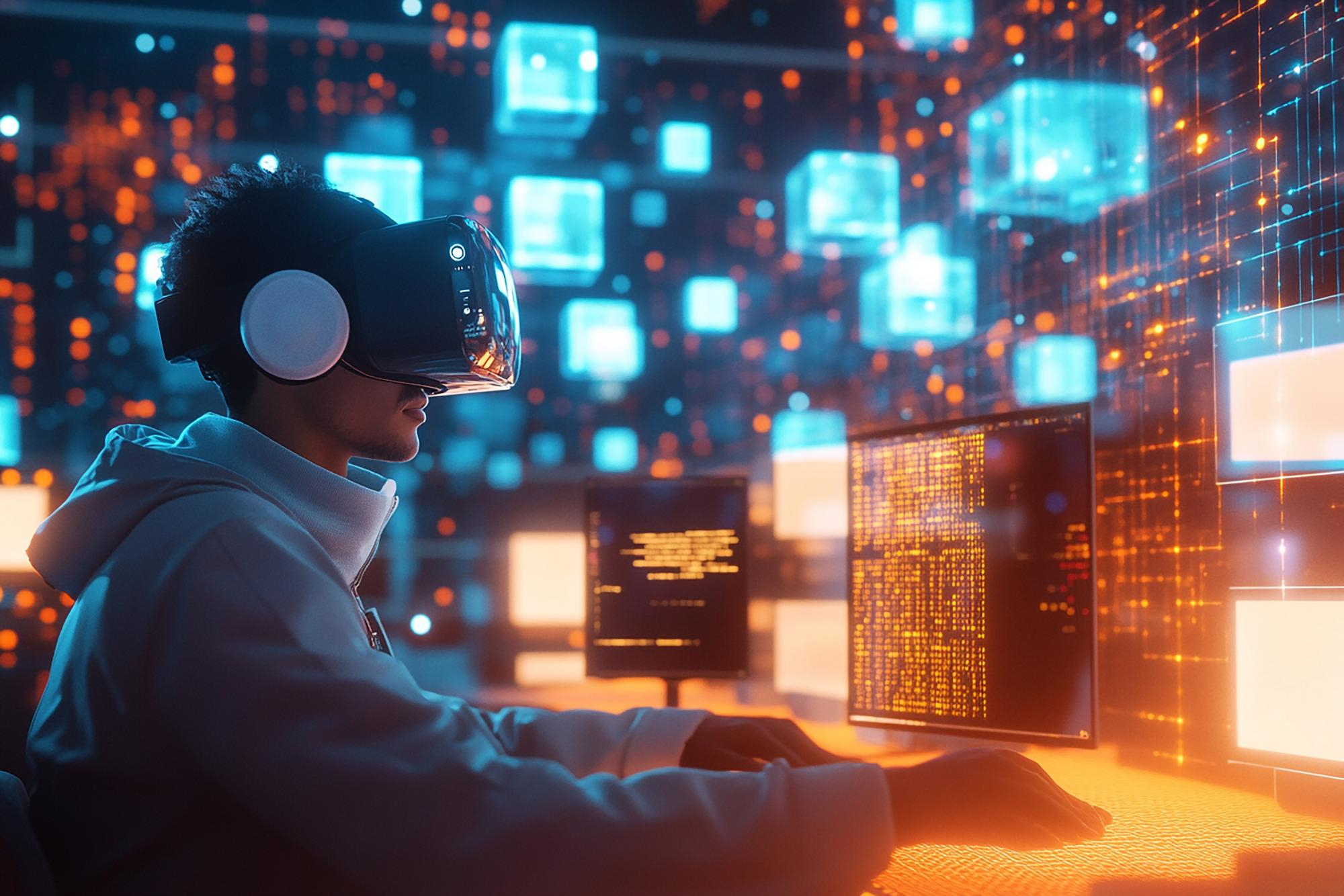 男子佩戴虛擬實境裝置操作電腦螢幕，周圍呈現數位資料與程式碼畫面