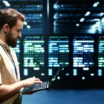 資料中心工程師在伺服器機房操作設備