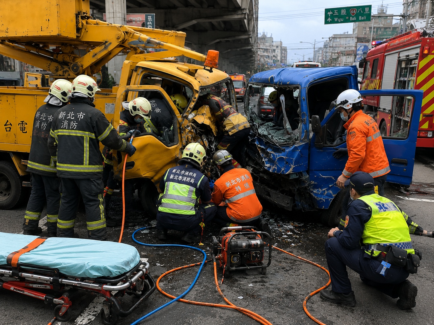 五股成泰路工程車擦撞小貨車 台電駕駛雙腿受困送醫無生命危險