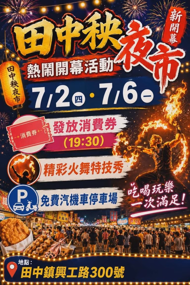 彰化田中新夜市7月登場！「田中秧夜市」開幕送消費券　美食、遊戲、火舞秀一次看